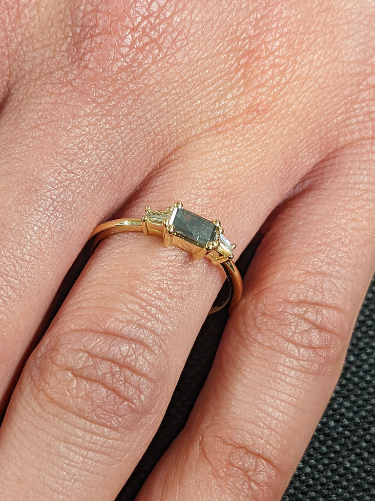 14K 18K Yellow Gold Salt and Pepper 3 Three Stone Dainty Women Wedding Cocktail Ring