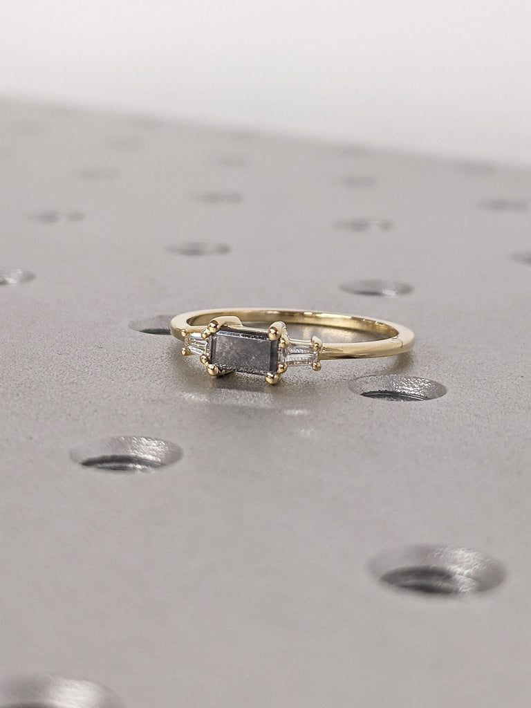 Baguette cut Salt and Pepper Diamond Promise Ring 14K Yellow Gold Thin Band