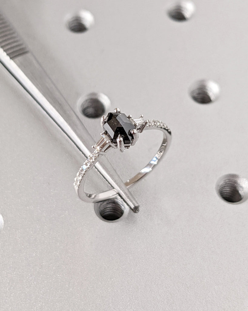 Raw Diamond Hexagon Diamond, Salt and Pepper, Unique Engagement Ring, Tapered Baguette Geometric Diamond Ring, Custom Handmade, Art Deco