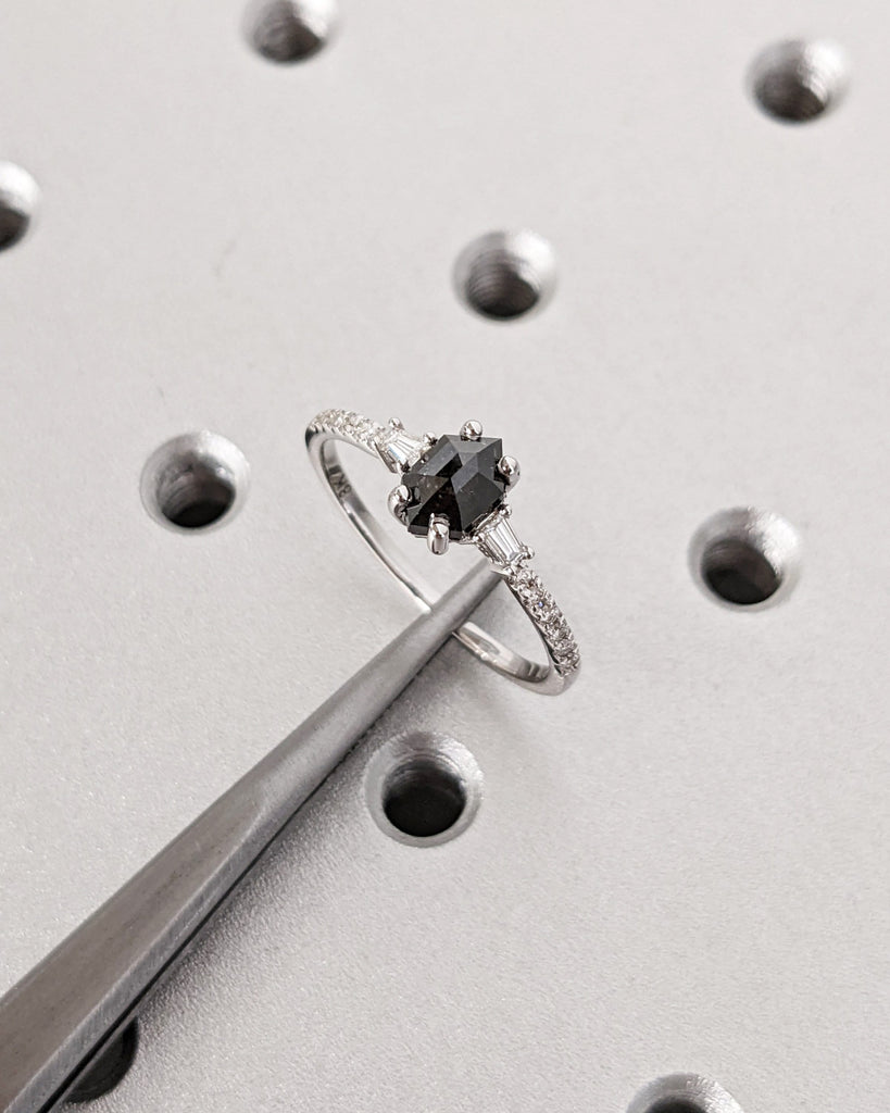 Raw Diamond Hexagon Diamond, Salt and Pepper, Unique Engagement Ring, Tapered Baguette Geometric Diamond Ring, Custom Handmade, Art Deco