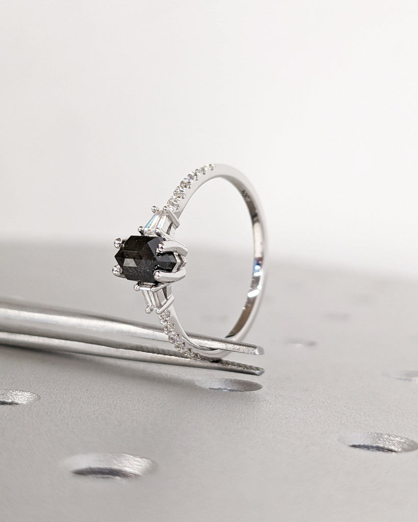 Raw Diamond Hexagon Diamond, Salt and Pepper, Unique Engagement Ring, Tapered Baguette Geometric Diamond Ring, Custom Handmade, Art Deco