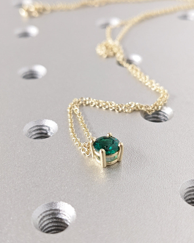 Solitaire Emerald Necklace, Green Gemstone Pendant Charm, Chain Necklace, 14K Yellow Gold, Minimalist, May Birthstone Necklace, Gift For Her