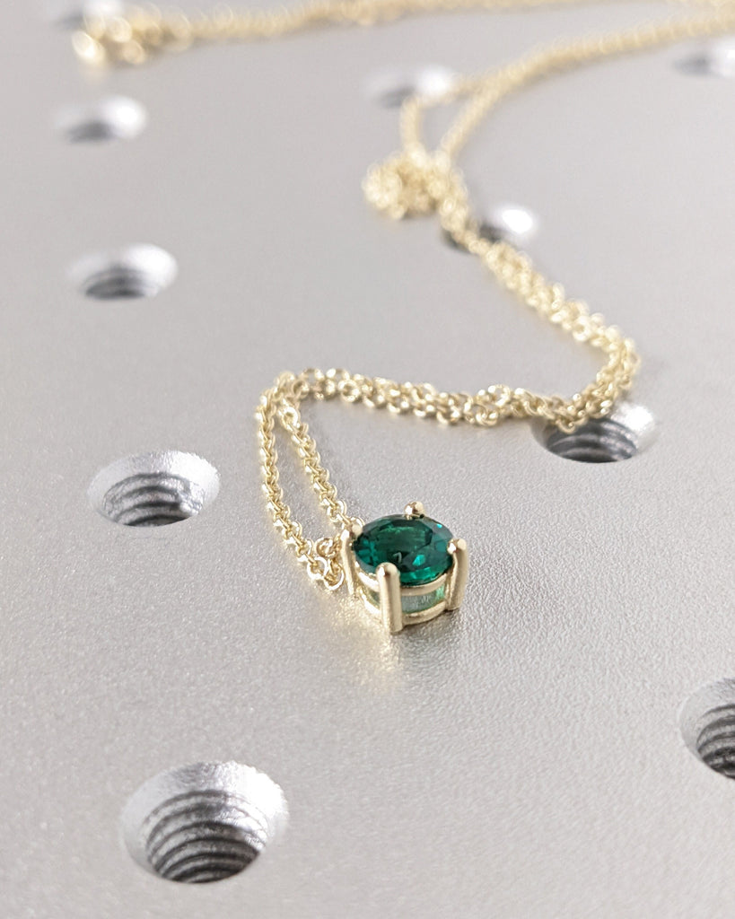 Round cut Emerald Solitaire 14K Gold Dainty Necklace | Green Gemstone Pendant | Rope Gold Chains for Women | May Birthday Gift for Her