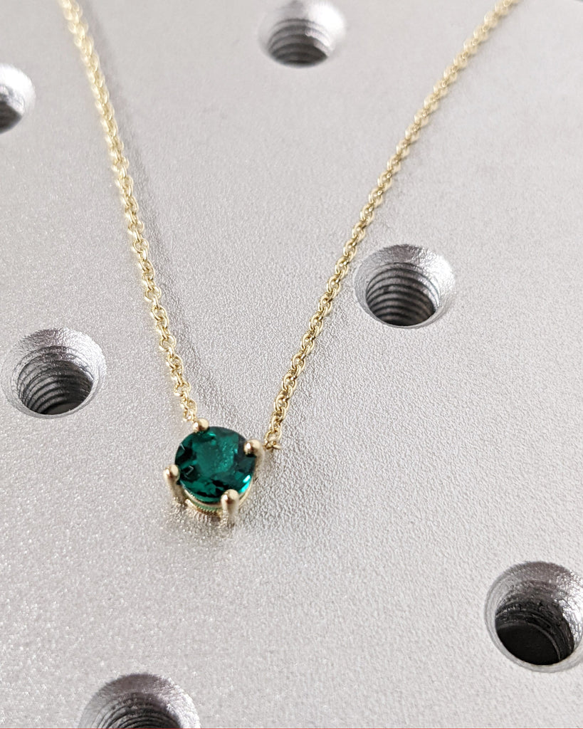 Solitaire Emerald Necklace, Green Gemstone Pendant Charm, Chain Necklace, 14K Yellow Gold, Minimalist, May Birthstone Necklace, Gift For Her