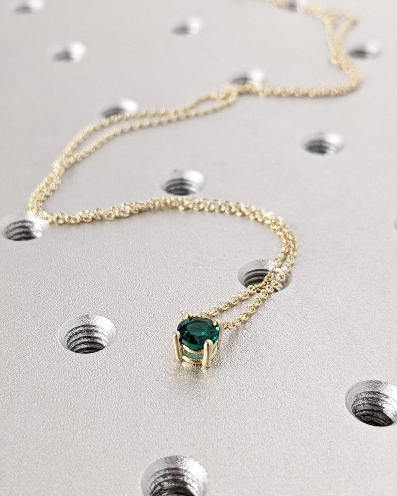 Solitaire Emerald Necklace, Green Gemstone Pendant Charm, Chain Necklace, 14K Yellow Gold, Minimalist, May Birthstone Necklace, Gift For Her