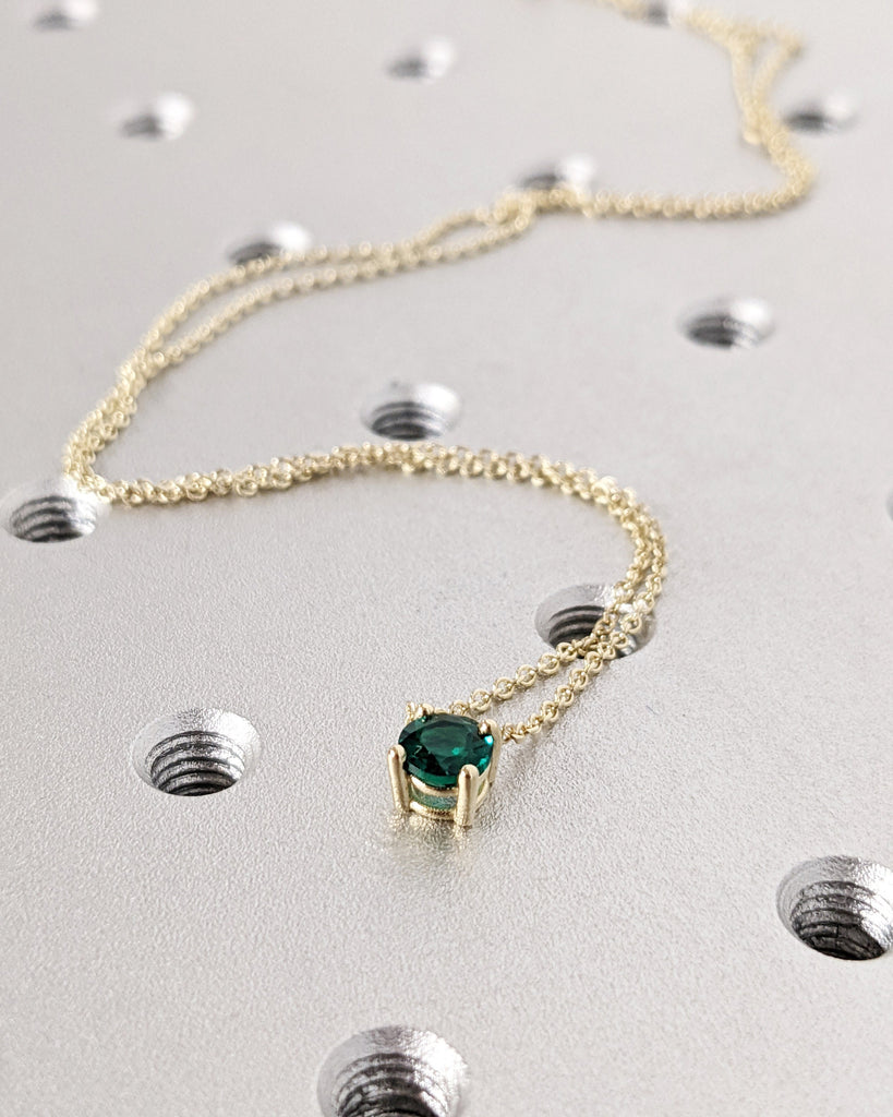 Round cut Emerald Solitaire 14K Gold Dainty Necklace | Green Gemstone Pendant | Rope Gold Chains for Women | May Birthday Gift for Her