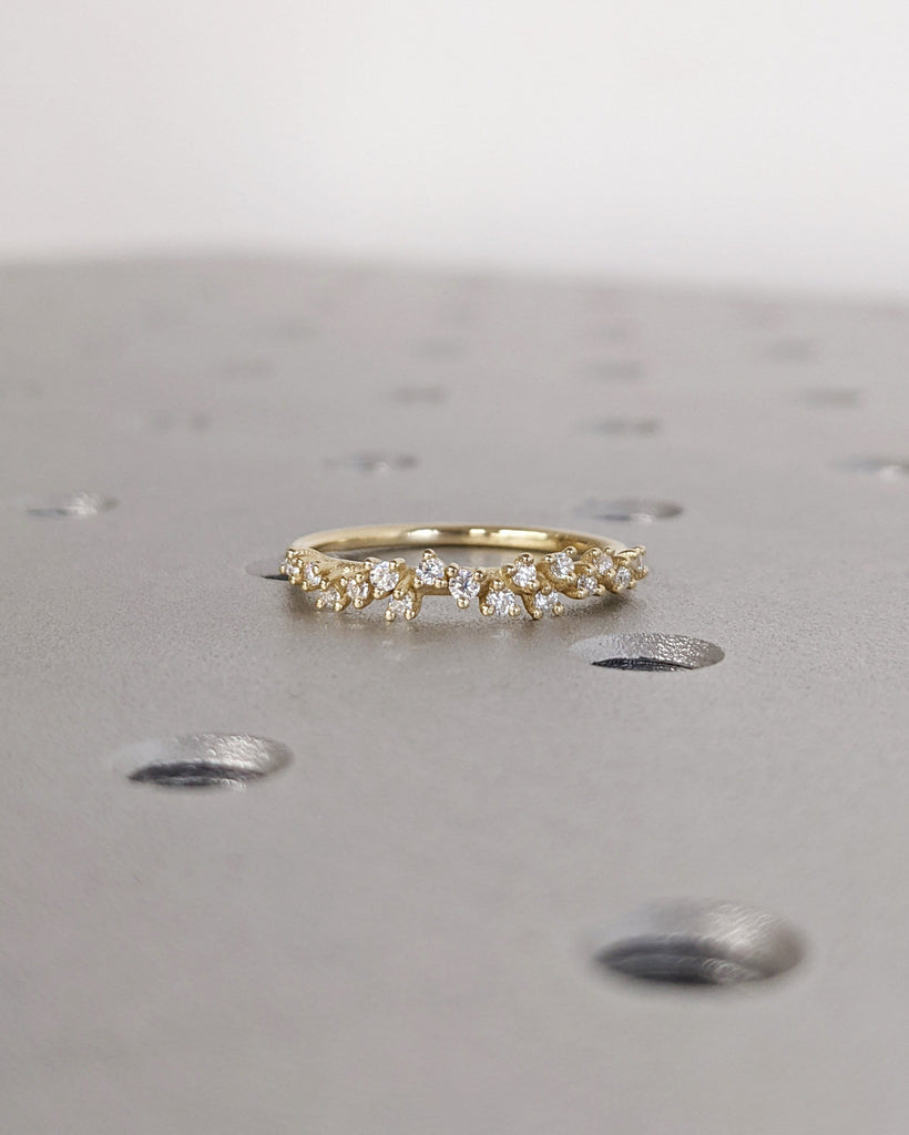 Unique Snowdrift Engagement Ring, Round Natural Diamond Cluster Ring, Dainty Moissanite Ring, 14K Yellow Solid Gold Ring, Stackable Art Deco