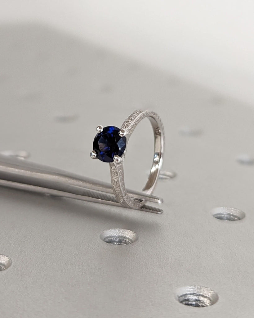 Blue Sapphire Engagement Ring, Vintage Inspired Sapphire Ring, 14K White Gold, Round Lab Created Sapphire Ring, Art Deco Wedding Anniversary