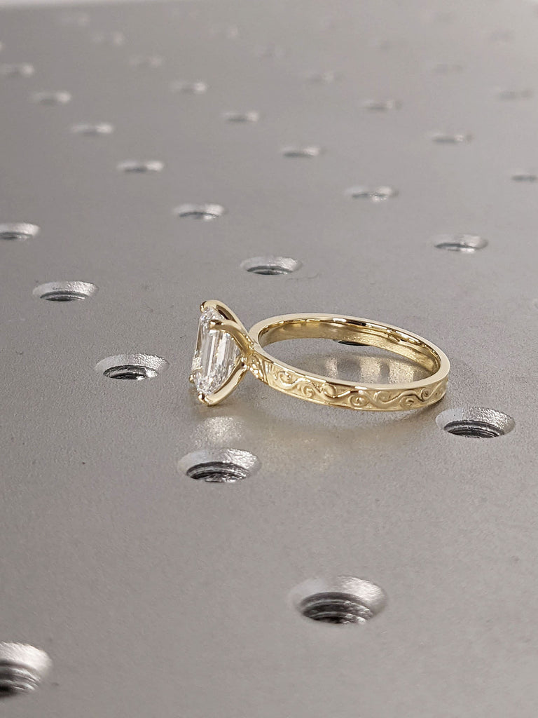 1.5ct Emerald cut Moissanite Solitaire 14K Yellow Gold Scrollwork Engraving Promise Ring