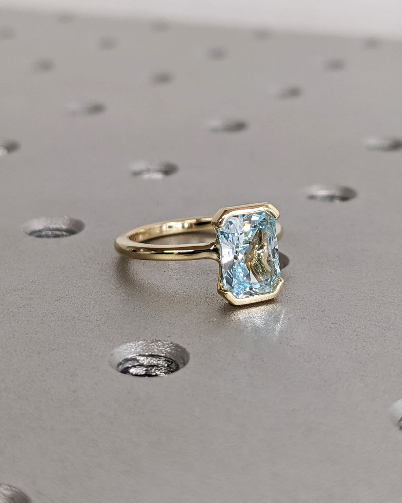 Unique Aquamarine Ring, Elegant Floating Bezel Engagement Ring, Blue Promise Ring, 14k Radiant Cut Aquamarine Ring, Anniversary Gift For Her