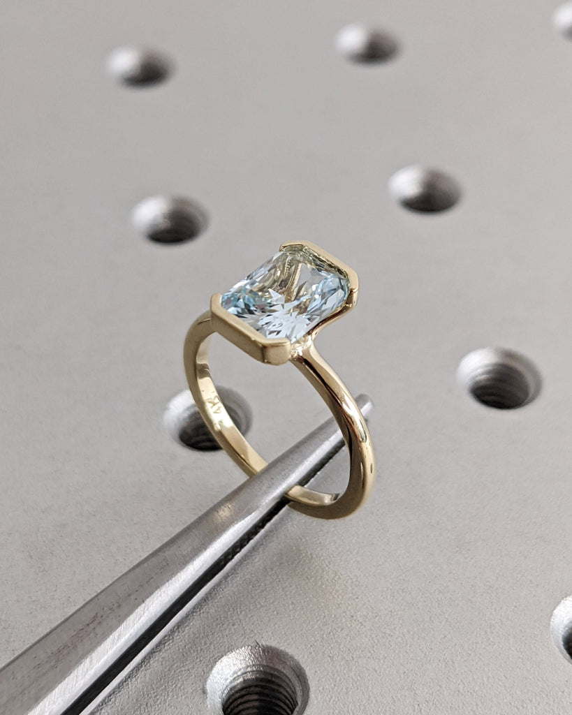 Unique Aquamarine Ring, Elegant Floating Bezel Engagement Ring, Blue Promise Ring, 14k Radiant Cut Aquamarine Ring, Anniversary Gift For Her