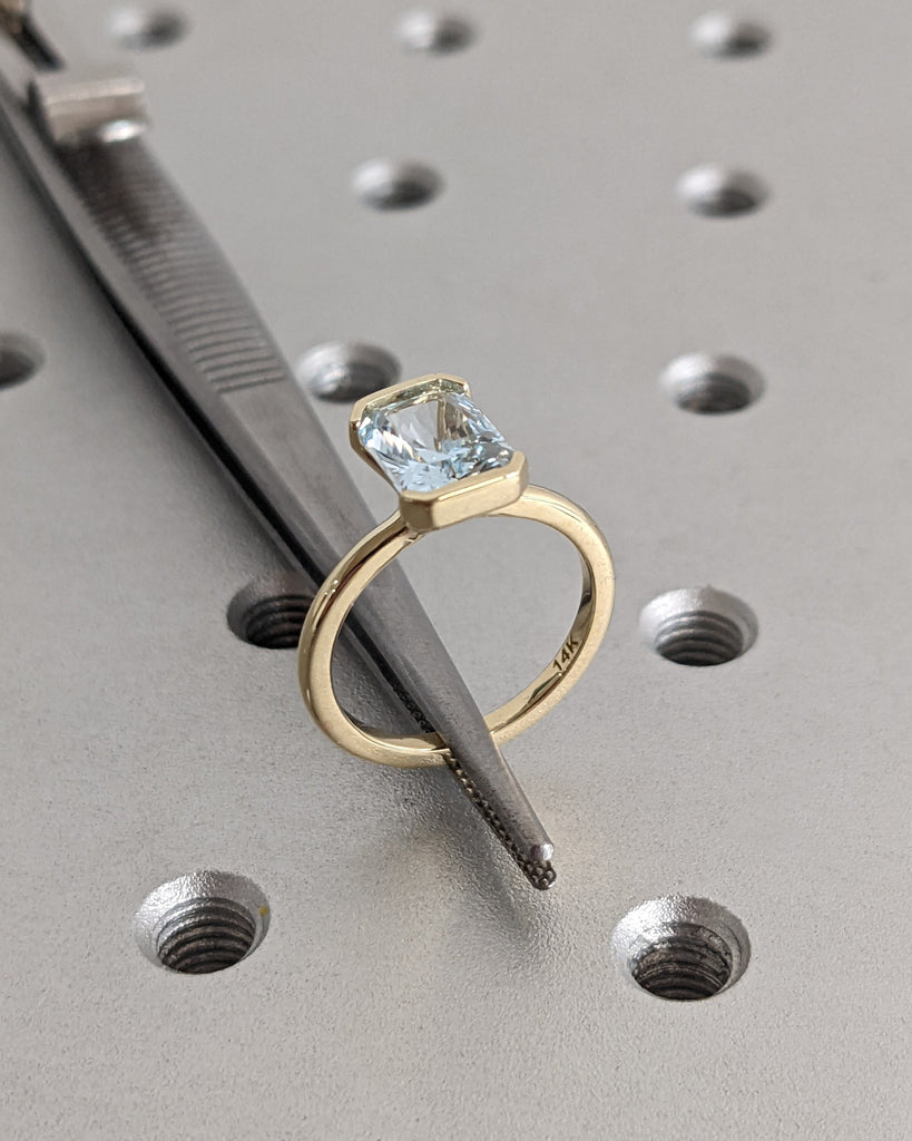 Unique Aquamarine Ring, Elegant Floating Bezel Engagement Ring, Blue Promise Ring, 14k Radiant Cut Aquamarine Ring, Anniversary Gift For Her