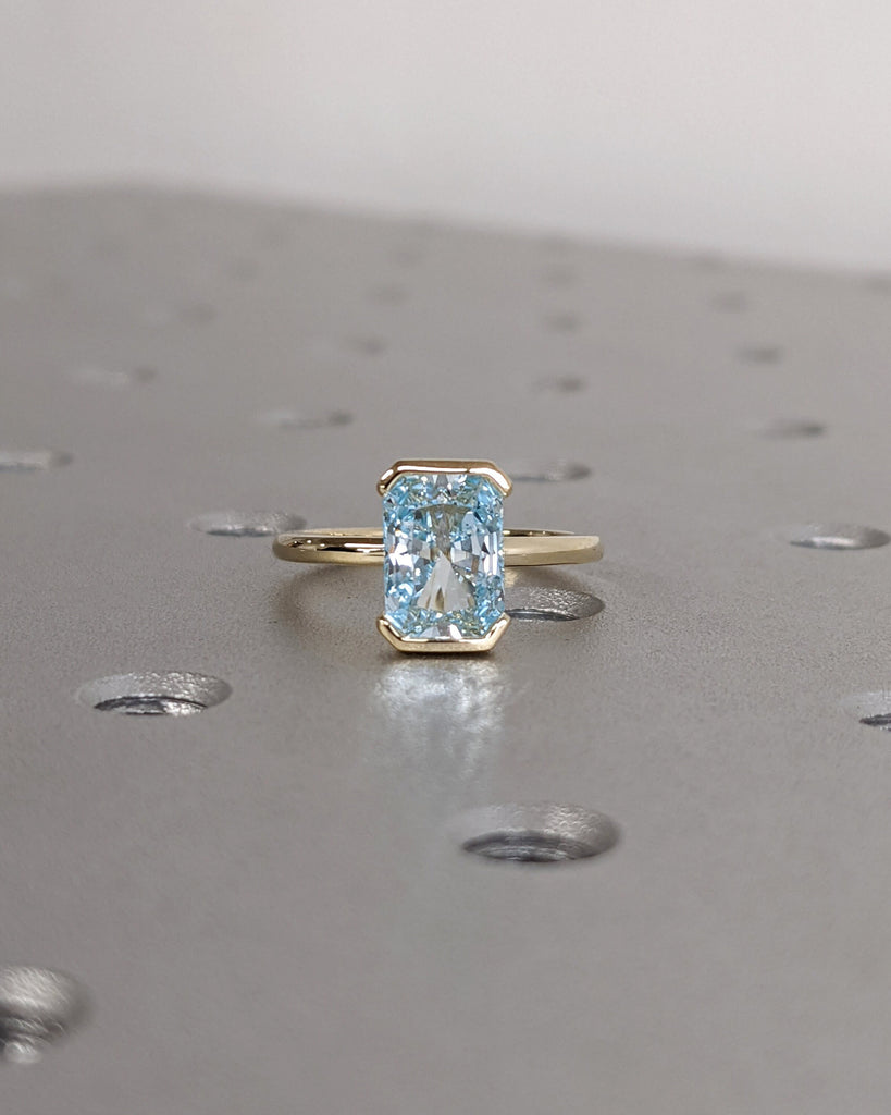 Unique Aquamarine Ring, Elegant Floating Bezel Engagement Ring, Blue Promise Ring, 14k Radiant Cut Aquamarine Ring, Anniversary Gift For Her