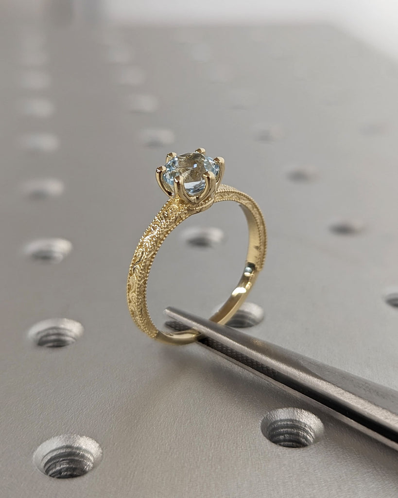 Aquamarine Engagement Ring in 14K Yellow Gold / Round Lab Cultured Aquamarine Ring / Retro Vintage Art Deco Milgrain Band Blue Gemstone Ring