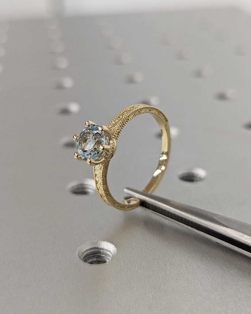 Aquamarine Engagement Ring in 14K Yellow Gold / Round Lab Cultured Aquamarine Ring / Retro Vintage Art Deco Milgrain Band Blue Gemstone Ring