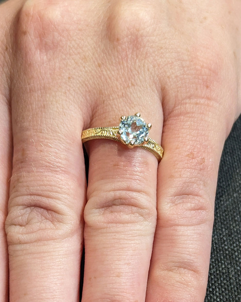 Aquamarine Engagement Ring in 14K Yellow Gold / Round Lab Cultured Aquamarine Ring / Retro Vintage Art Deco Milgrain Band Blue Gemstone Ring
