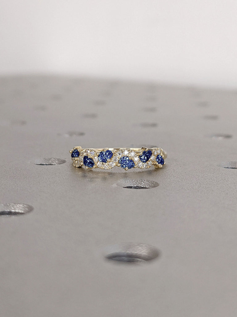 Fancy cut Pear Round Diamond Cluster Sapphire Wavy 14K 18K Yellow Gold Eternity Ring for Her