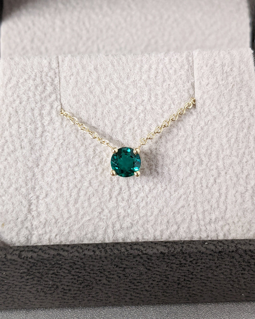 Solitaire Emerald Necklace, Green Gemstone Pendant Charm, Chain Necklace, 14K Yellow Gold, Minimalist, May Birthstone Necklace, Gift For Her