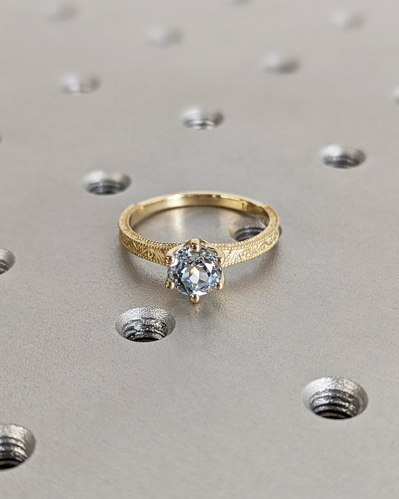 Aquamarine Engagement Ring in 14K Yellow Gold / Round Lab Cultured Aquamarine Ring / Retro Vintage Art Deco Milgrain Band Blue Gemstone Ring