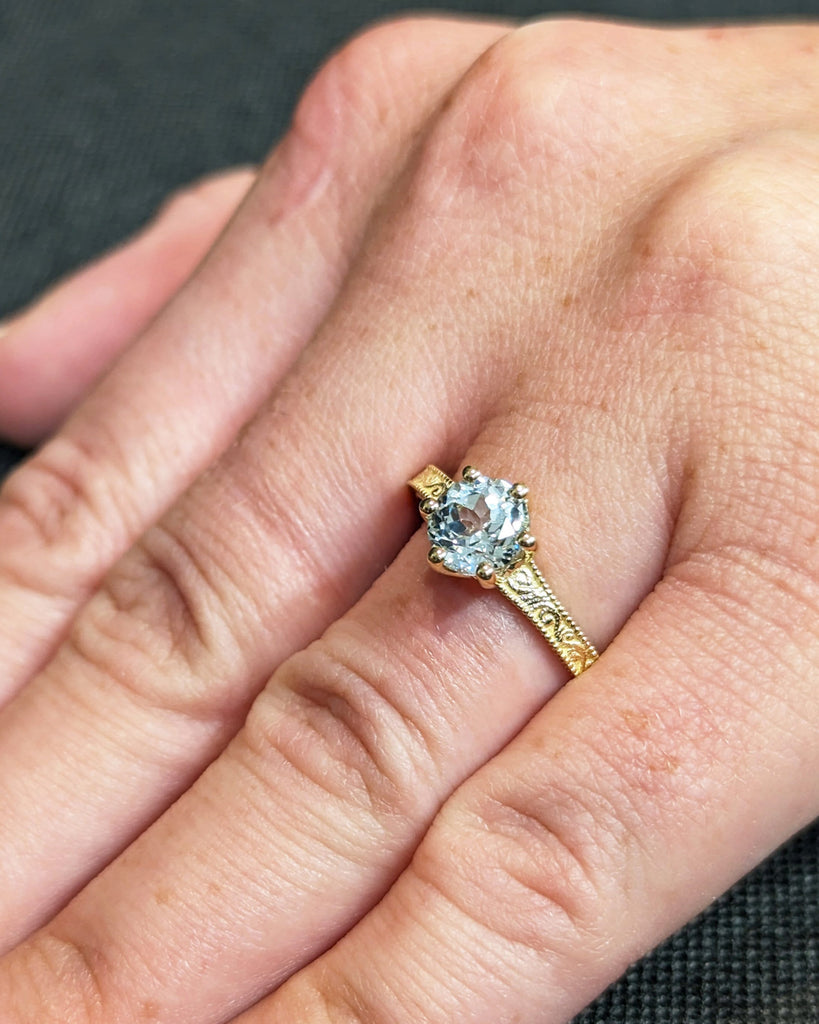 Aquamarine Engagement Ring in 14K Yellow Gold / Round Lab Cultured Aquamarine Ring / Retro Vintage Art Deco Milgrain Band Blue Gemstone Ring