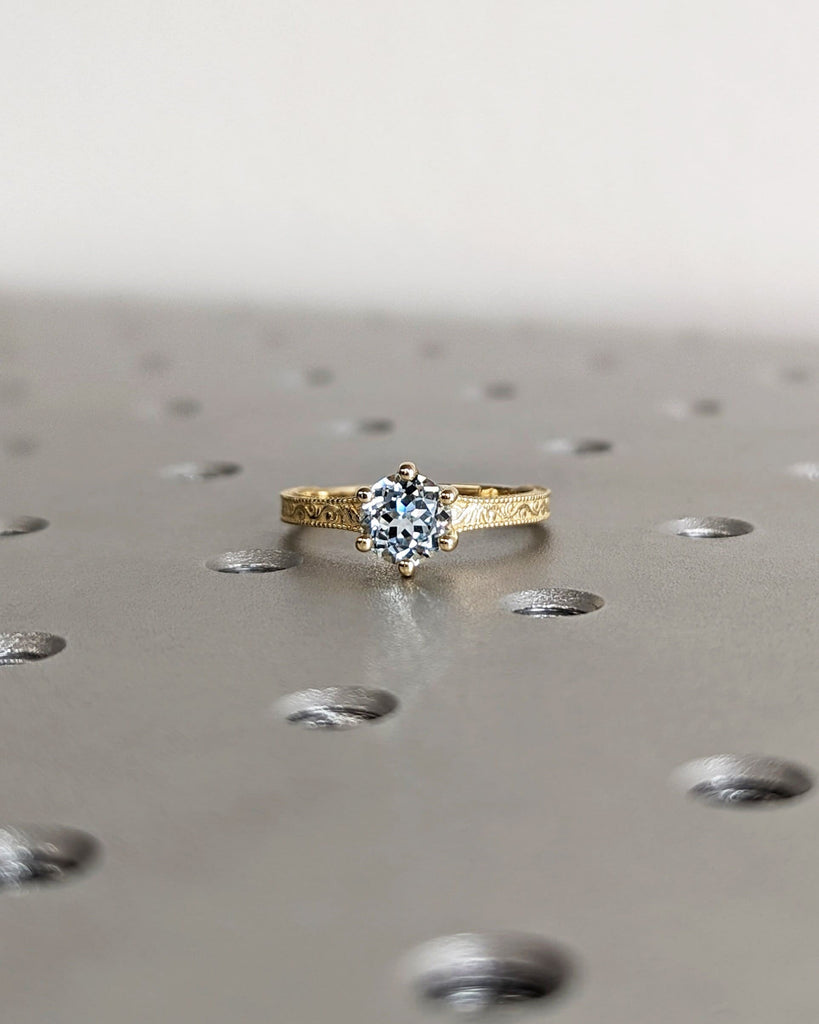 Aquamarine Engagement Ring in 14K Yellow Gold / Round Lab Cultured Aquamarine Ring / Retro Vintage Art Deco Milgrain Band Blue Gemstone Ring