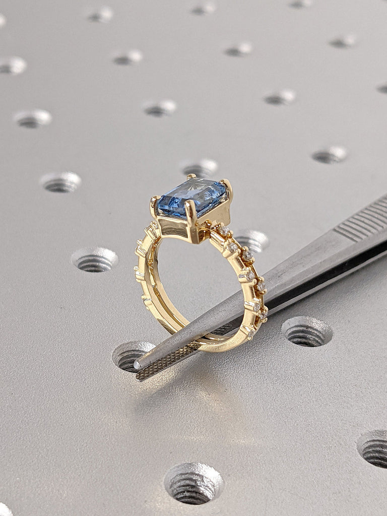 Lab Grown Aquamarine Wedding Anniversary Ring Set | 14K Yellow Gold March Birthstone Ring | Unique Floating Bubble Diamond Distance Band