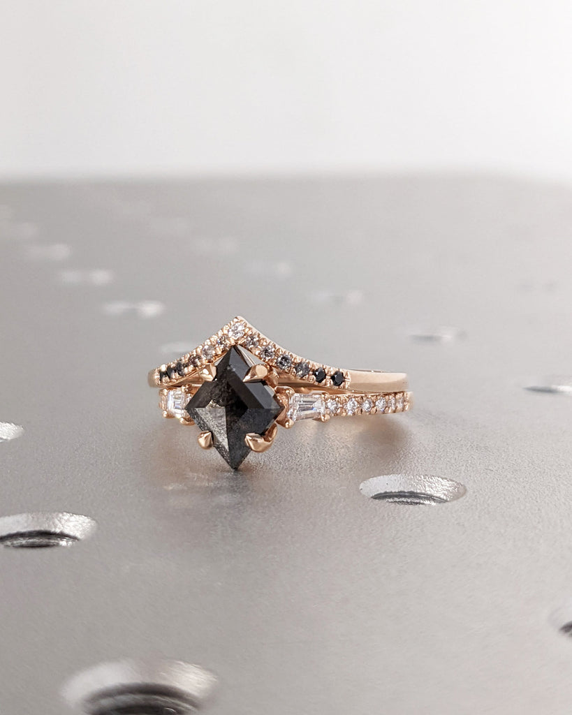 Galaxy Raw Salt and Pepper Diamond Ring- Kite Cut Diamond Engagement Ring Sets- Unique Bridal Geometric Diamond Promise Ring 14K Rose Gold