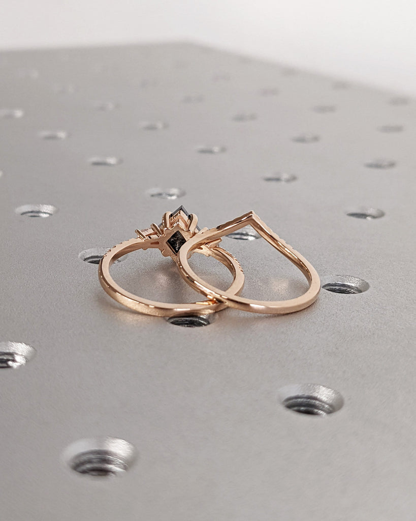 Galaxy Raw Salt and Pepper Diamond Ring- Kite Cut Diamond Engagement Ring Sets- Unique Bridal Geometric Diamond Promise Ring 14K Rose Gold