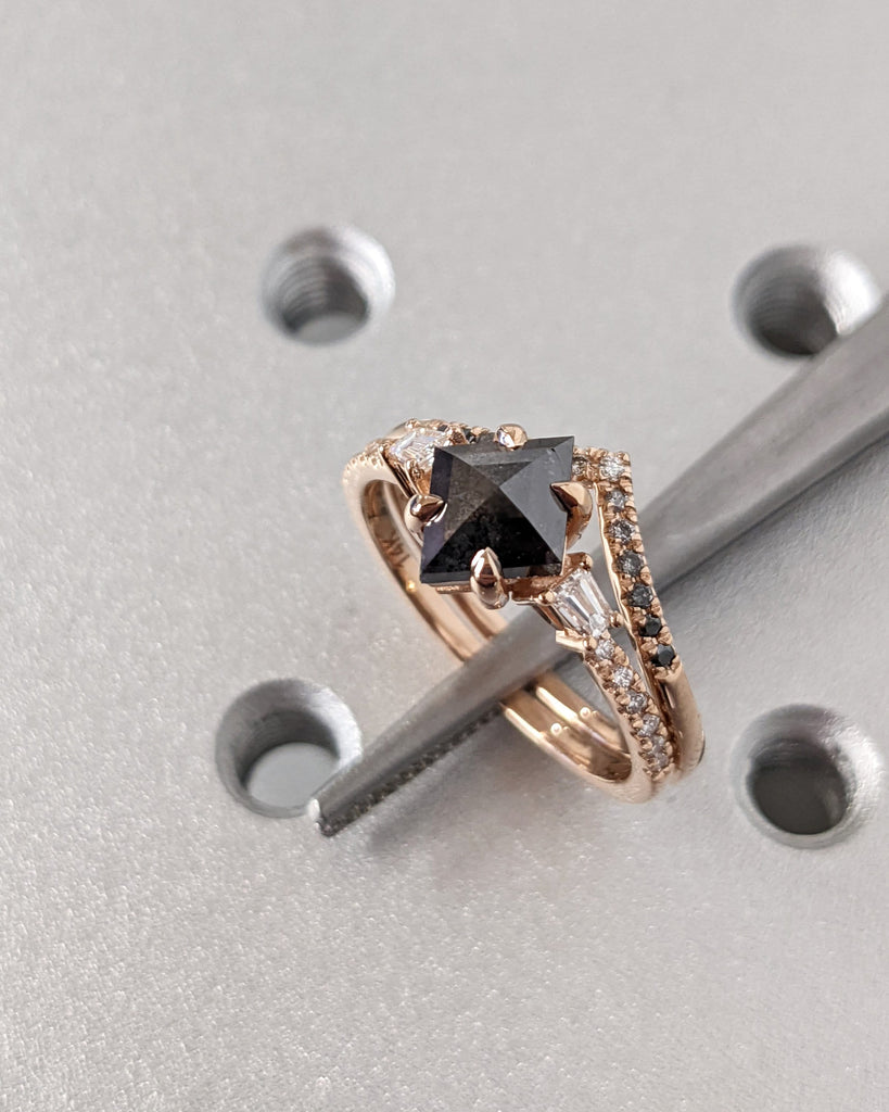 Galaxy Raw Salt and Pepper Diamond Ring- Kite Cut Diamond Engagement Ring Sets- Unique Bridal Geometric Diamond Promise Ring 14K Rose Gold