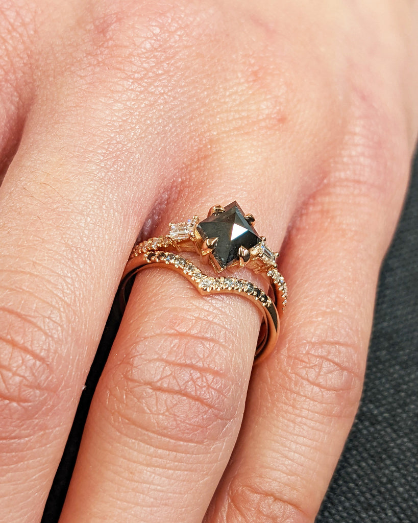 Galaxy Raw Salt and Pepper Diamond Ring- Kite Cut Diamond Engagement Ring Sets- Unique Bridal Geometric Diamond Promise Ring 14K Rose Gold