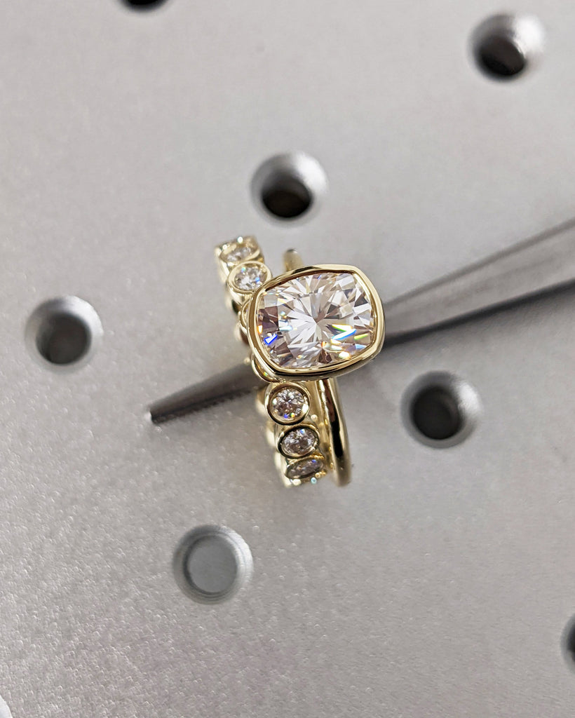 Elongated Cushion Bezel Solitaire Ring Brilliant Cut Lab Diamond Engagement Ring Dainty Promise Bezel Ring Solitaire Bezel Set Vintage Ring