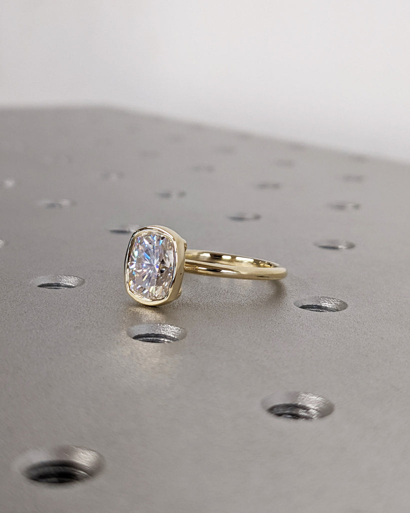 Elongated Cushion Cut Moissanite Solitaire Ring, 14K Yellow Gold Engagement Ring, Bezel Setting, Statement Ring, Gift for Her, Bridal Set