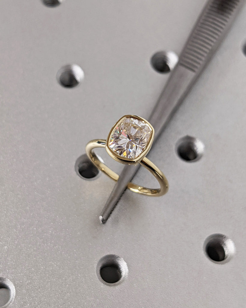 Elongated Cushion Bezel Solitaire Ring Brilliant Cut Lab Diamond Engagement Ring Dainty Promise Bezel Ring Solitaire Bezel Set Vintage Ring