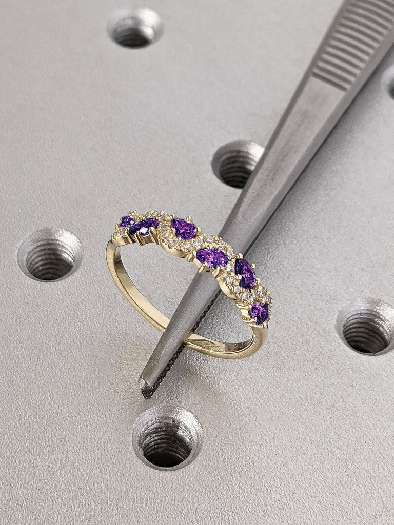 14K 18K Yellow Gold Multi Stone Purple Gem and Moissanite Wedding Band