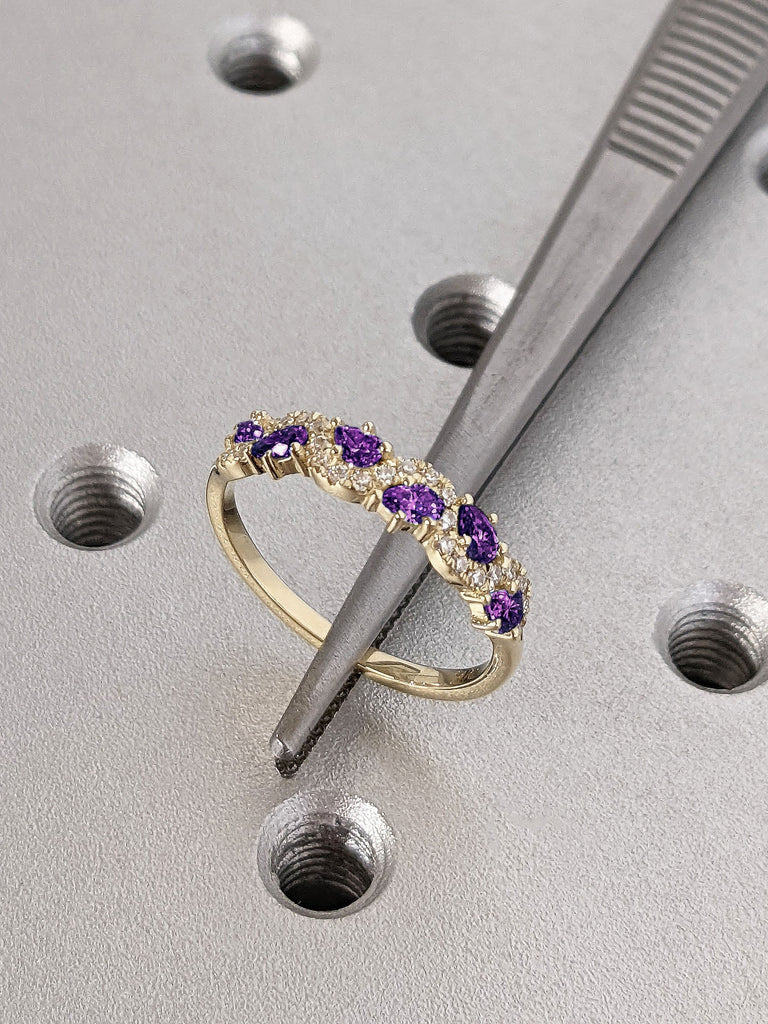 14K 18K Yellow Gold Multi Stone Purple Gem and Moissanite Wedding Band