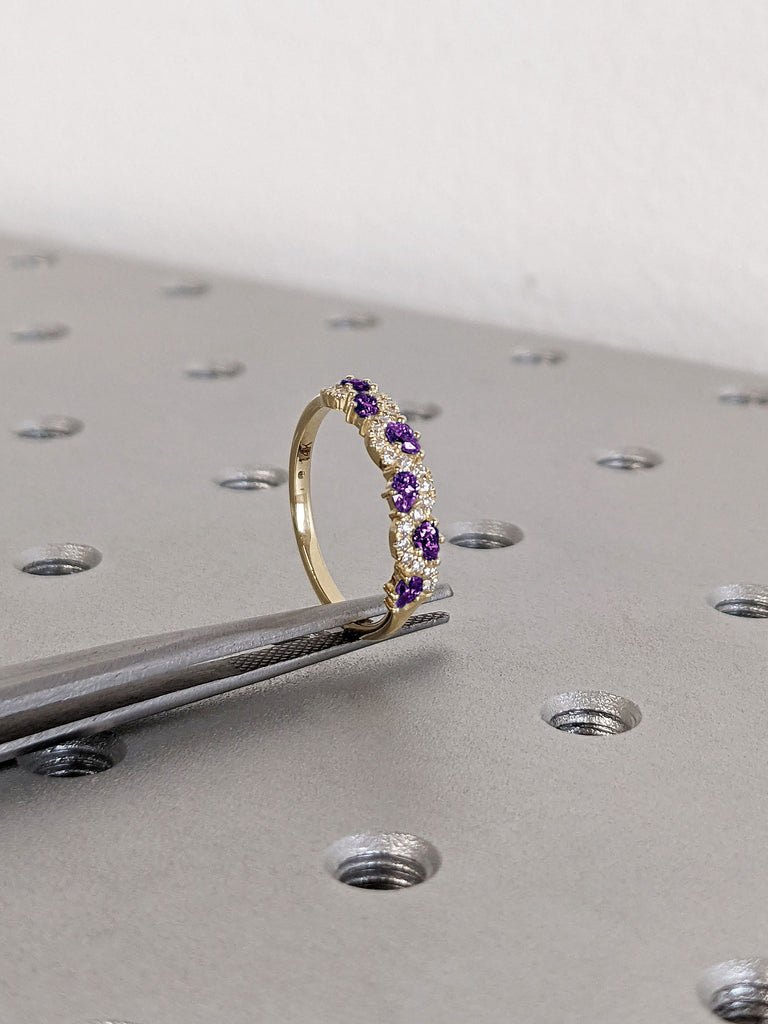 Amethyst Diamond Cluster Half Eternity Ring Stacking Matching Ring for Her