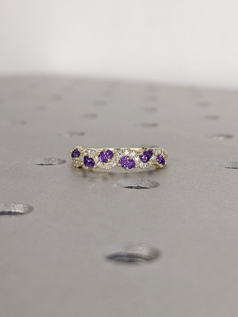 Multi Stone Pear and Round Cut Amethyst Diamond Wedding Anniversary Ring