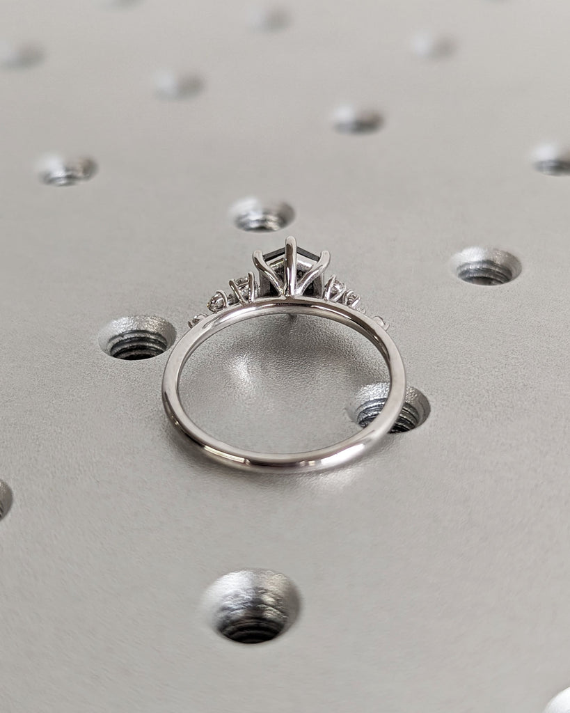 Hexagon Salt and Pepper Engagement Diamond Cluster Ring, Side Round Cut Diamond or Moissanite, 14K White Gold Ring, Wedding Anniversary Gift