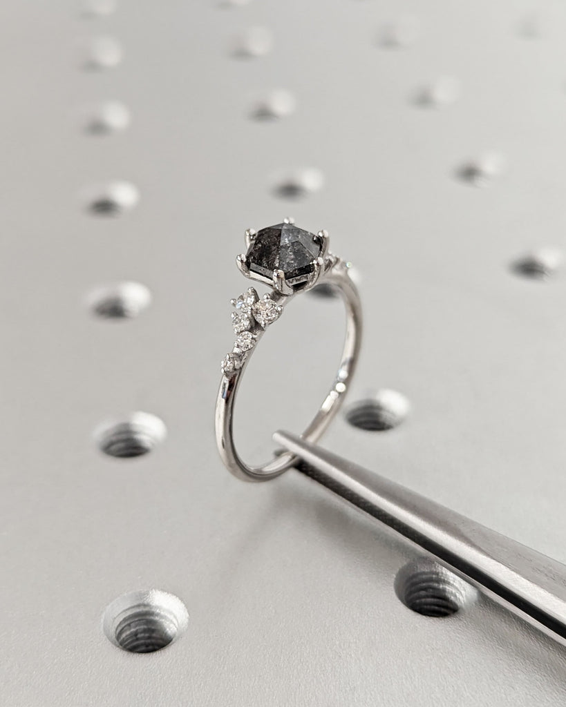 Hexagon Salt and Pepper Engagement Diamond Cluster Ring, Side Round Cut Diamond or Moissanite, 14K White Gold Ring, Wedding Anniversary Gift