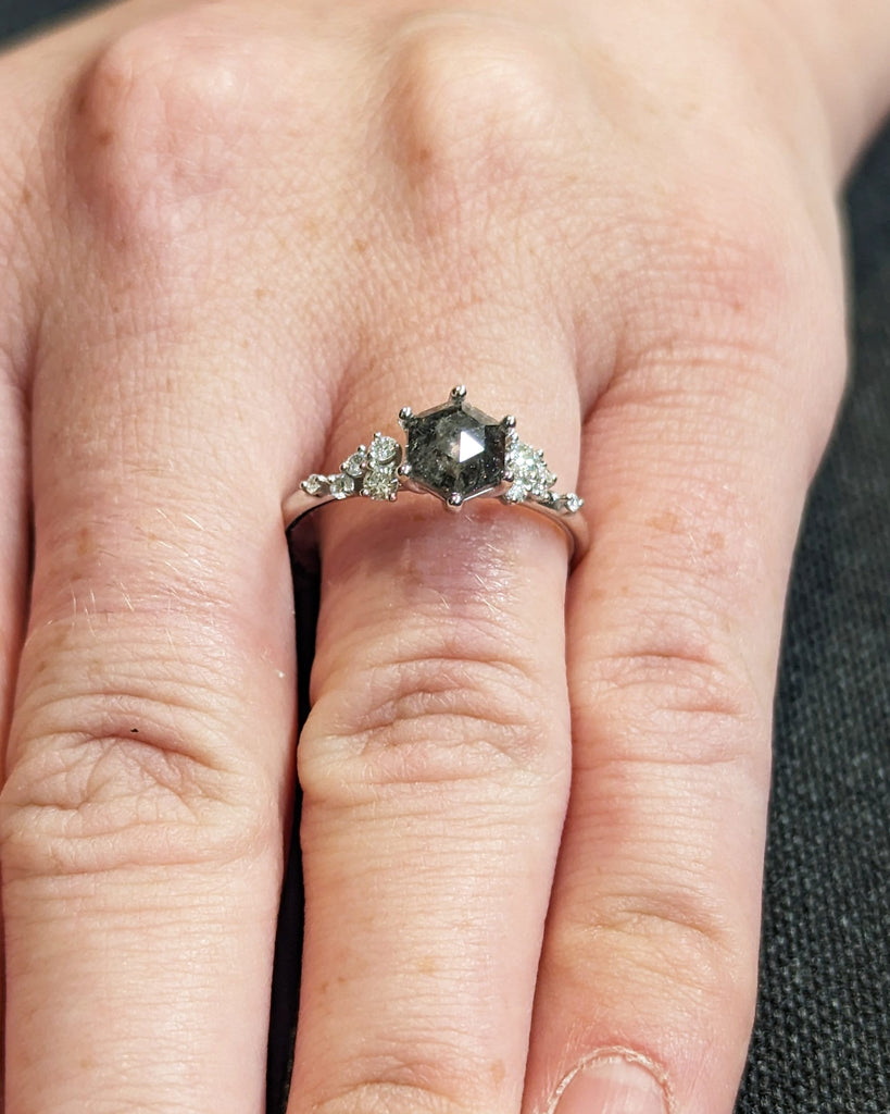 Hexagon Salt and Pepper Engagement Diamond Cluster Ring, Side Round Cut Diamond or Moissanite, 14K White Gold Ring, Wedding Anniversary Gift