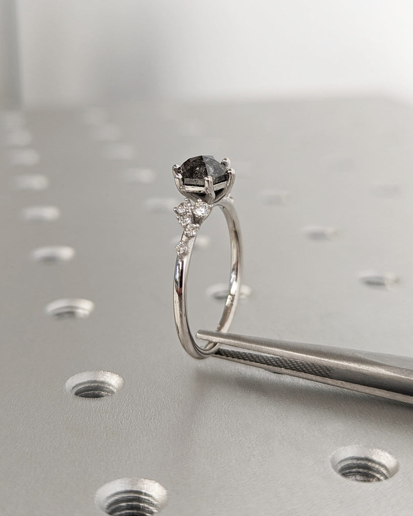 Hexagon Salt and Pepper Engagement Diamond Cluster Ring, Side Round Cut Diamond or Moissanite, 14K White Gold Ring, Wedding Anniversary Gift