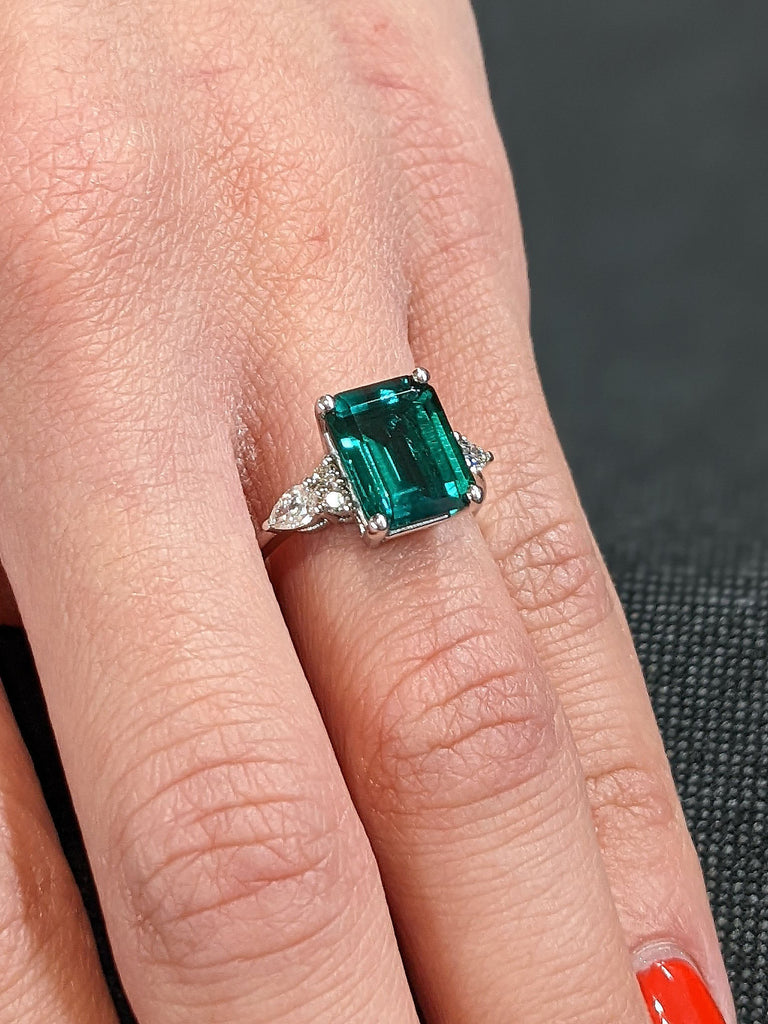 Lab Emerald May Birthstone 18K White Gold Women Proposal Ring