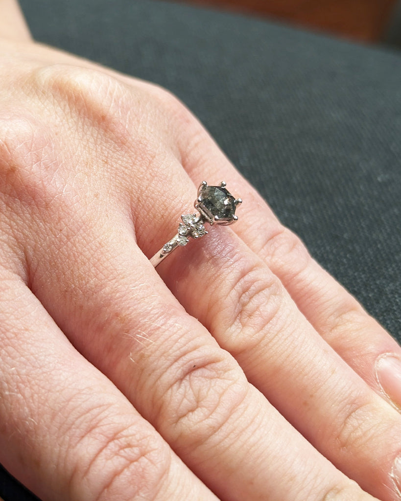 Hexagon Salt and Pepper Engagement Diamond Cluster Ring, Side Round Cut Diamond or Moissanite, 14K White Gold Ring, Wedding Anniversary Gift