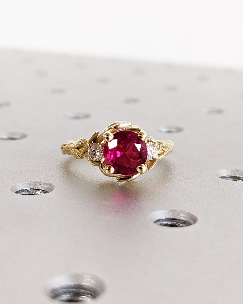 Round Red Ruby 14K Real Gold Promise Ring | Nature Inspired Leaves Motif Engagement Ring | Custom Wedding Anniversary Ring for Her | Trellis