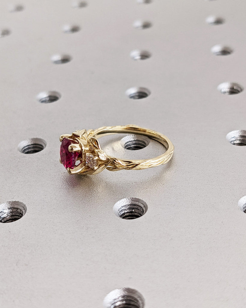 Round Red Ruby 14K Real Gold Promise Ring | Nature Inspired Leaves Motif Engagement Ring | Custom Wedding Anniversary Ring for Her | Trellis