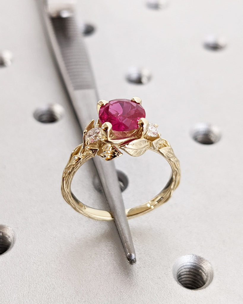 Round Red Ruby 14K Real Gold Promise Ring | Nature Inspired Leaves Motif Engagement Ring | Custom Wedding Anniversary Ring for Her | Trellis