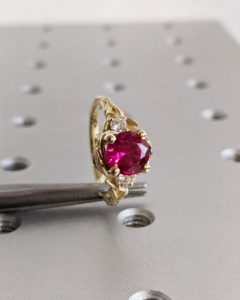 Round Red Ruby 14K Real Gold Promise Ring | Nature Inspired Leaves Motif Engagement Ring | Custom Wedding Anniversary Ring for Her | Trellis