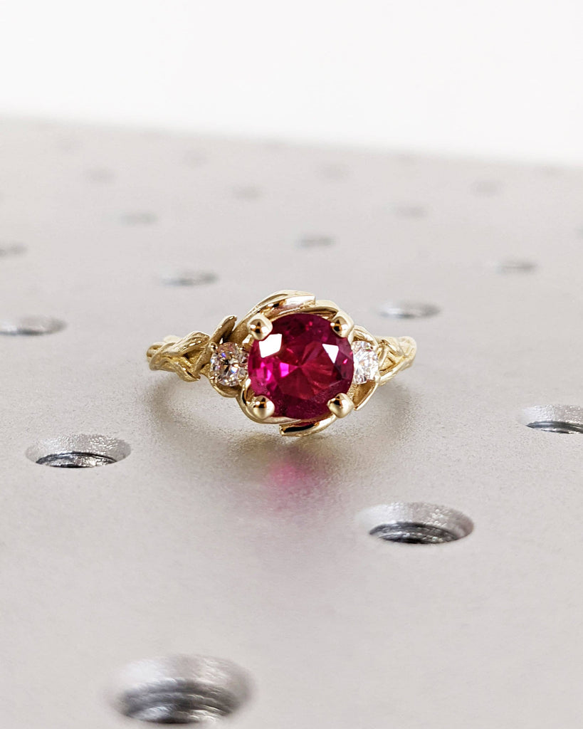 Round Red Ruby 14K Real Gold Promise Ring | Nature Inspired Leaves Motif Engagement Ring | Custom Wedding Anniversary Ring for Her | Trellis