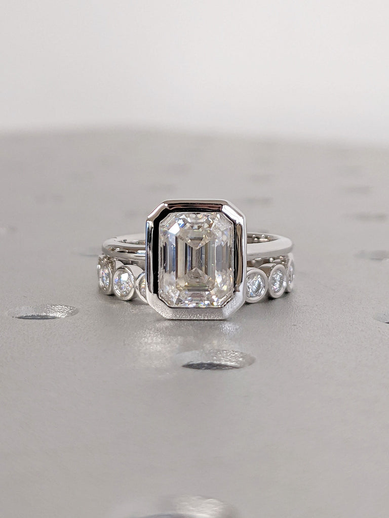 14K 18K White Gold Bezel Set Emerald cut Lab Grown Diamond Solitare Wedding Ring Set for Her