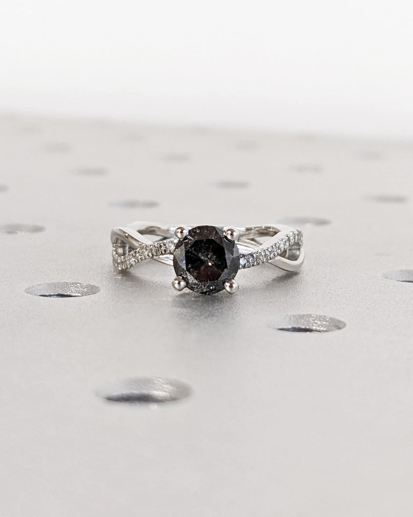 Twisted Knot Salt and Pepper Diamond Ring / Petite Woven Braid Platinum Gold Band / Round Cut Solitaire Diamond Twisted Vine Engagement Ring